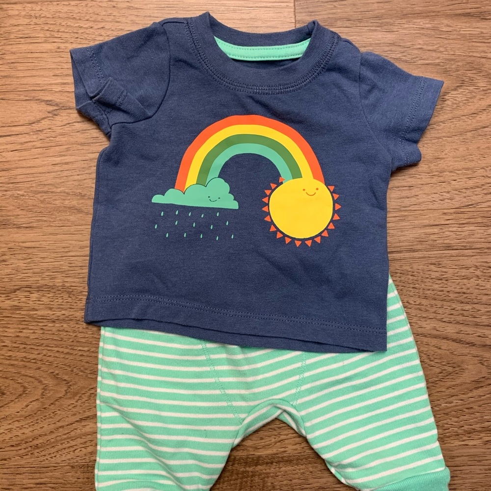 Newborn Cat & Jack rainbow shirt with stripe pants